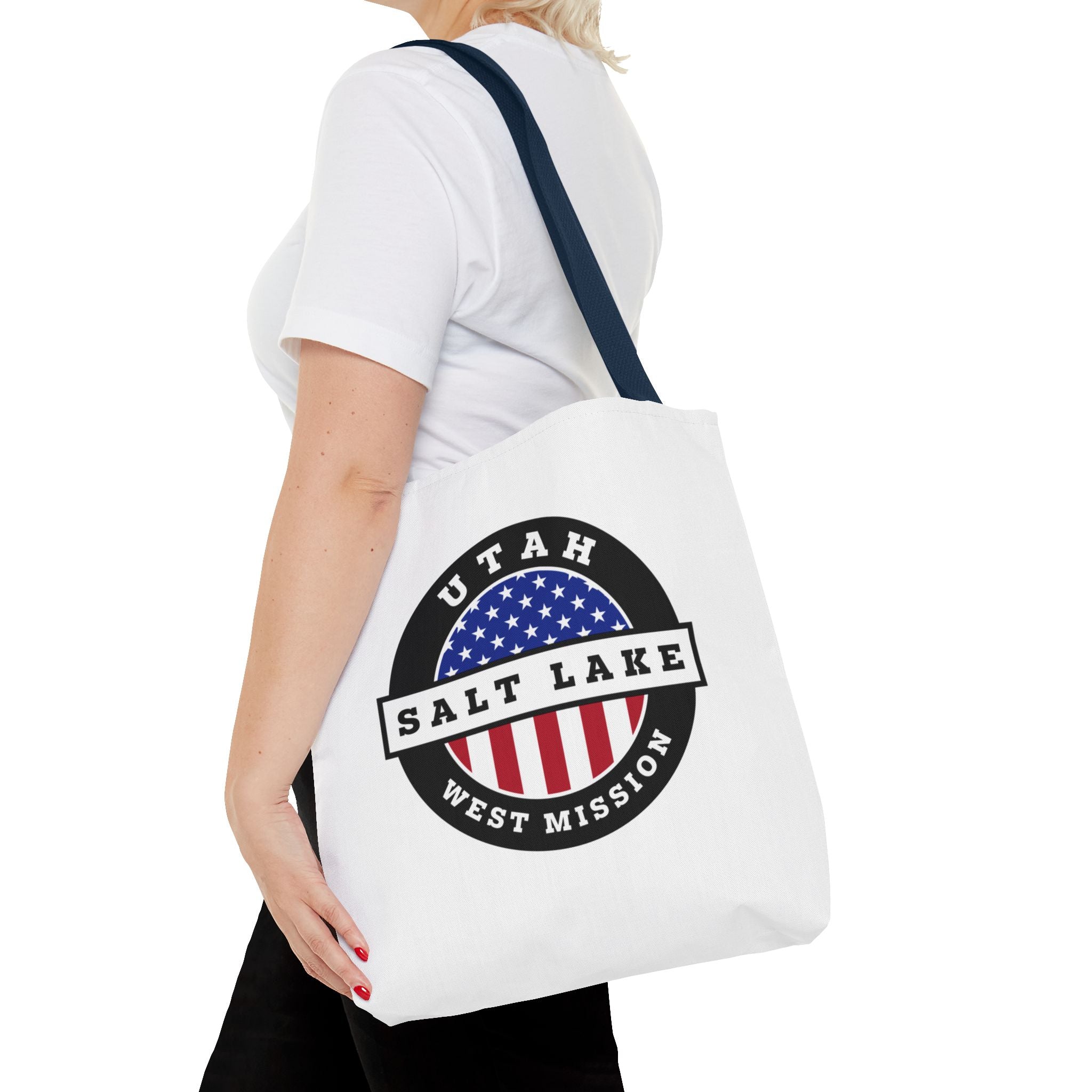 Utah Salt Lake City West Mission USA Flag Logo Tote Bag White - Mission Wishlist - LDS Missionary Gift Store