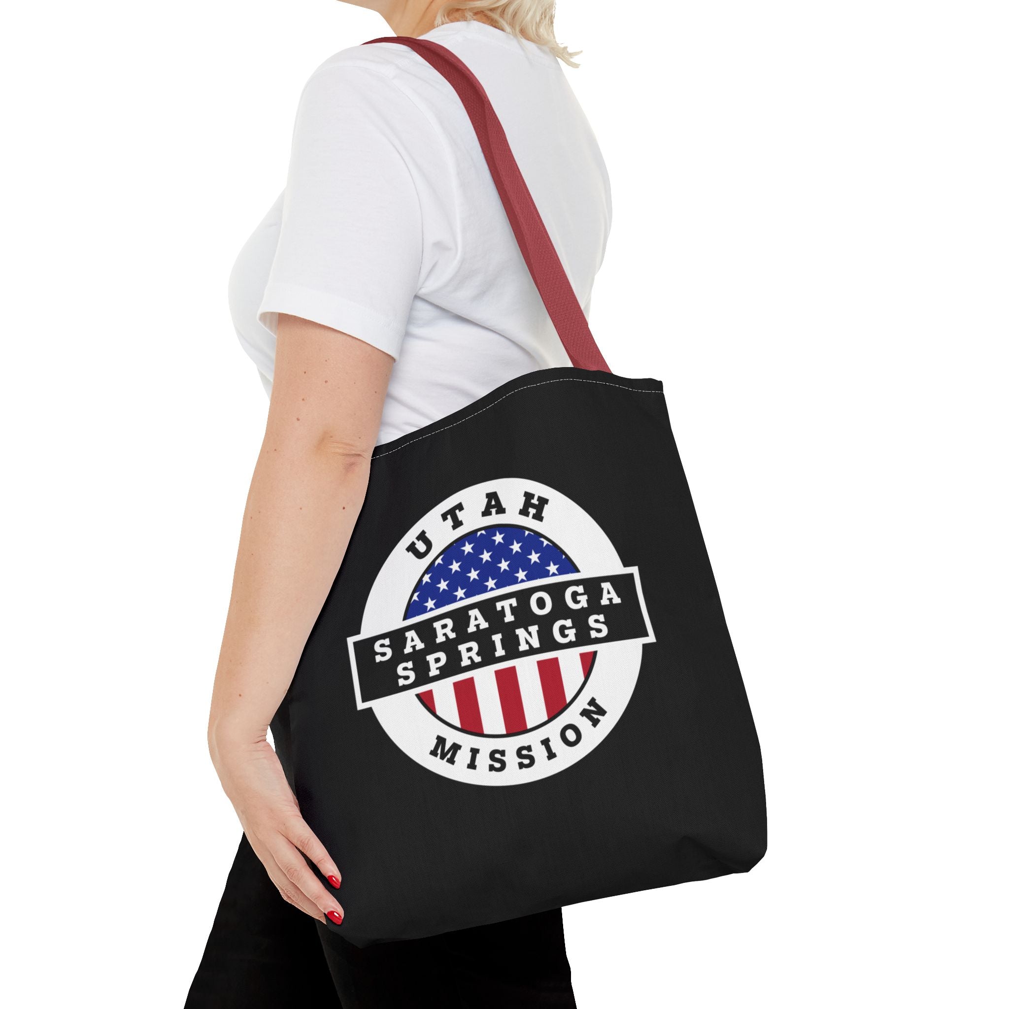 Utah Saratoga Springs Mission USA Flag Logo Tote Bag Black - Mission Wishlist - LDS Missionary Gift Store