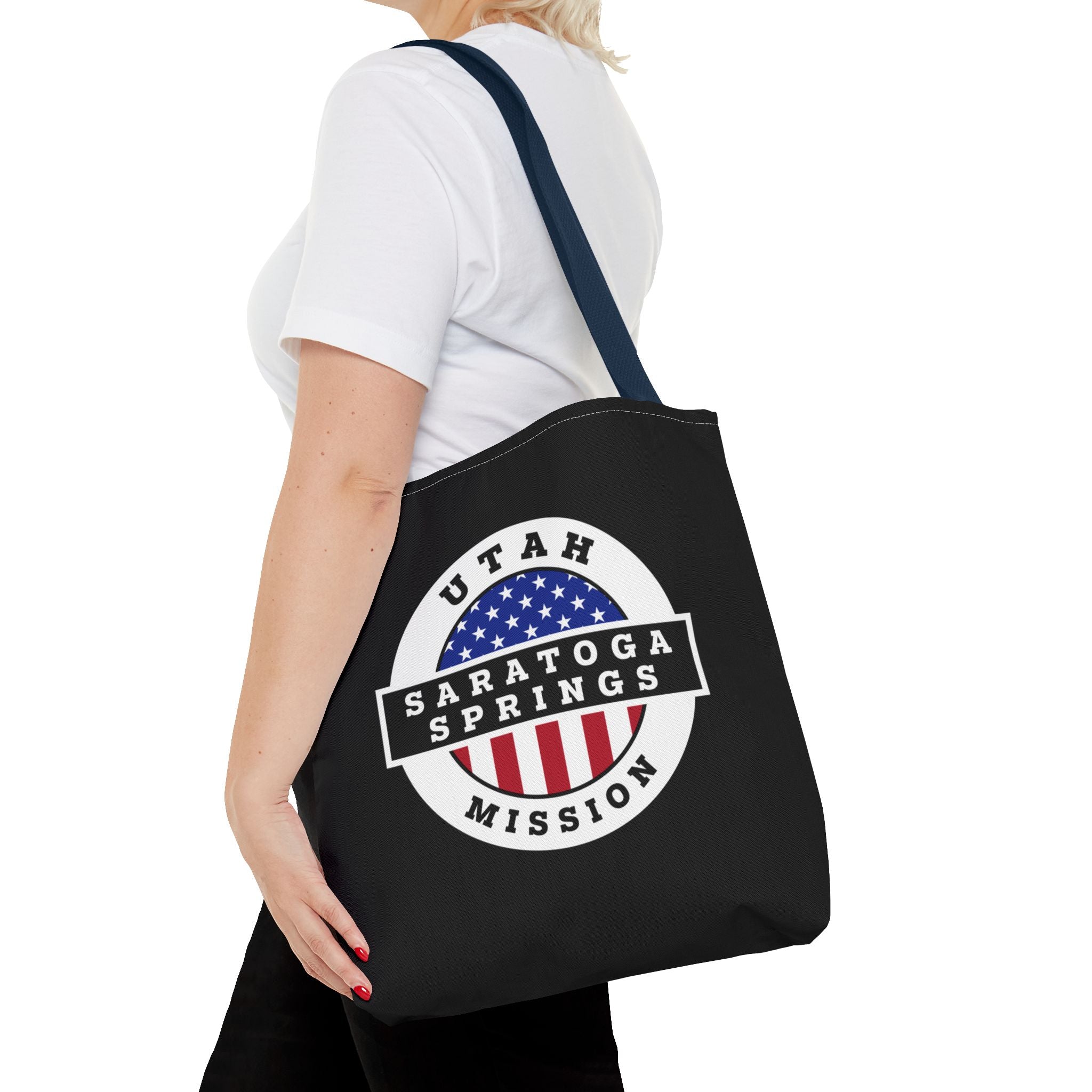 Utah Saratoga Springs Mission USA Flag Logo Tote Bag Black - Mission Wishlist - LDS Missionary Gift Store