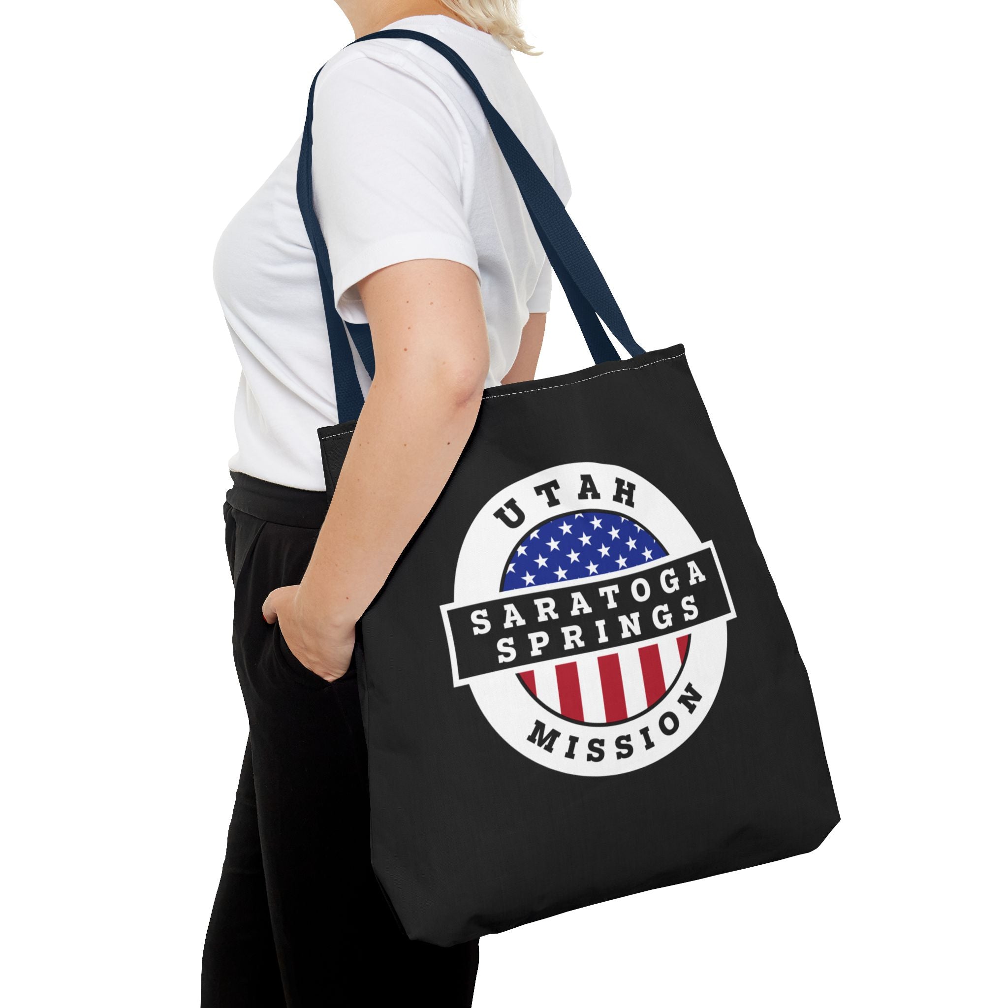 Utah Saratoga Springs Mission USA Flag Logo Tote Bag Black - Mission Wishlist - LDS Missionary Gift Store