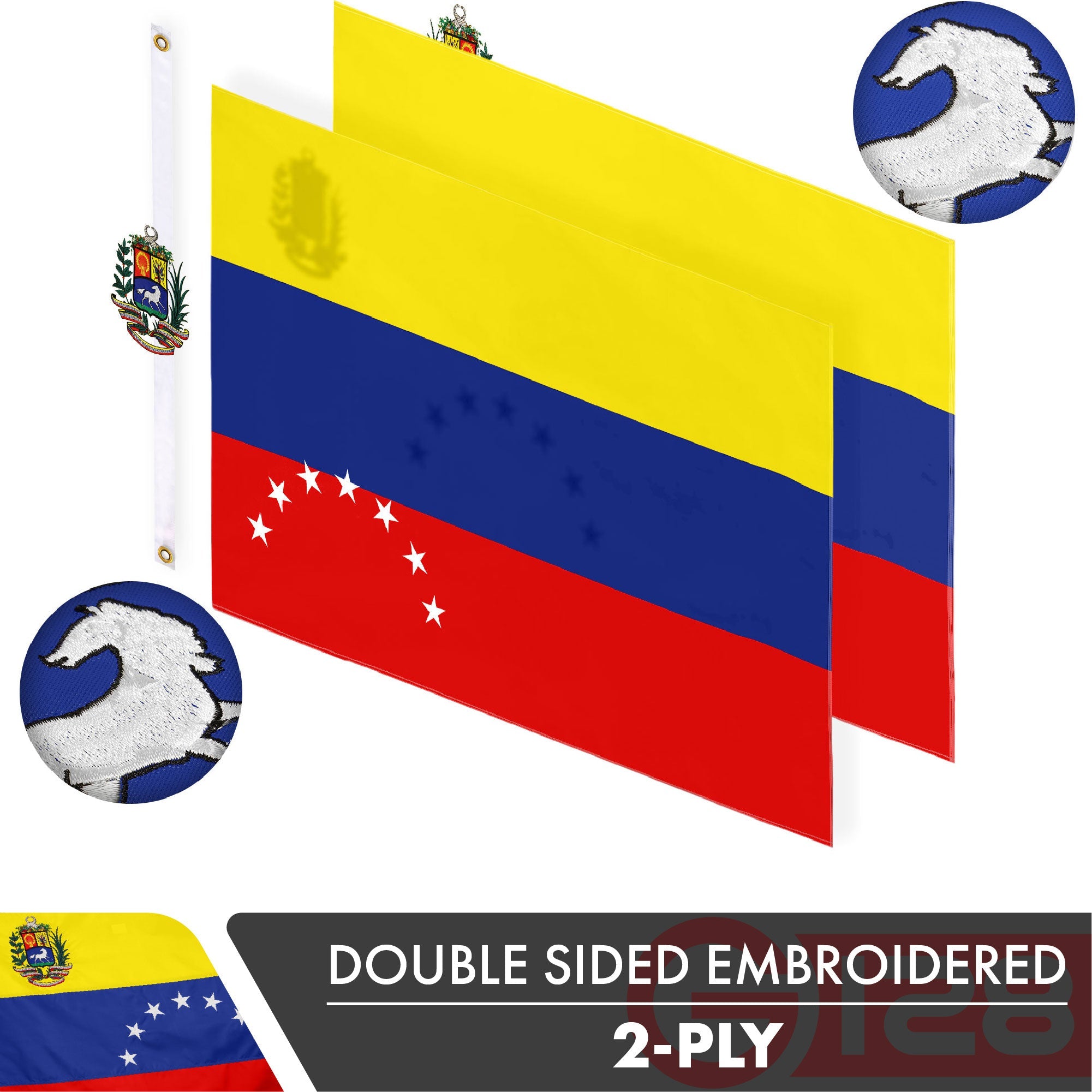 G128 Venezuela 7 Stars Venezuelan Flag | 3x5 Ft | Double ToughWeave Series Double Sided Embroidered 210D Poly | Country Flag, Embroidered Design, Indoor/Outdoor, Brass Grommets, Heavy Duty, 2-ply