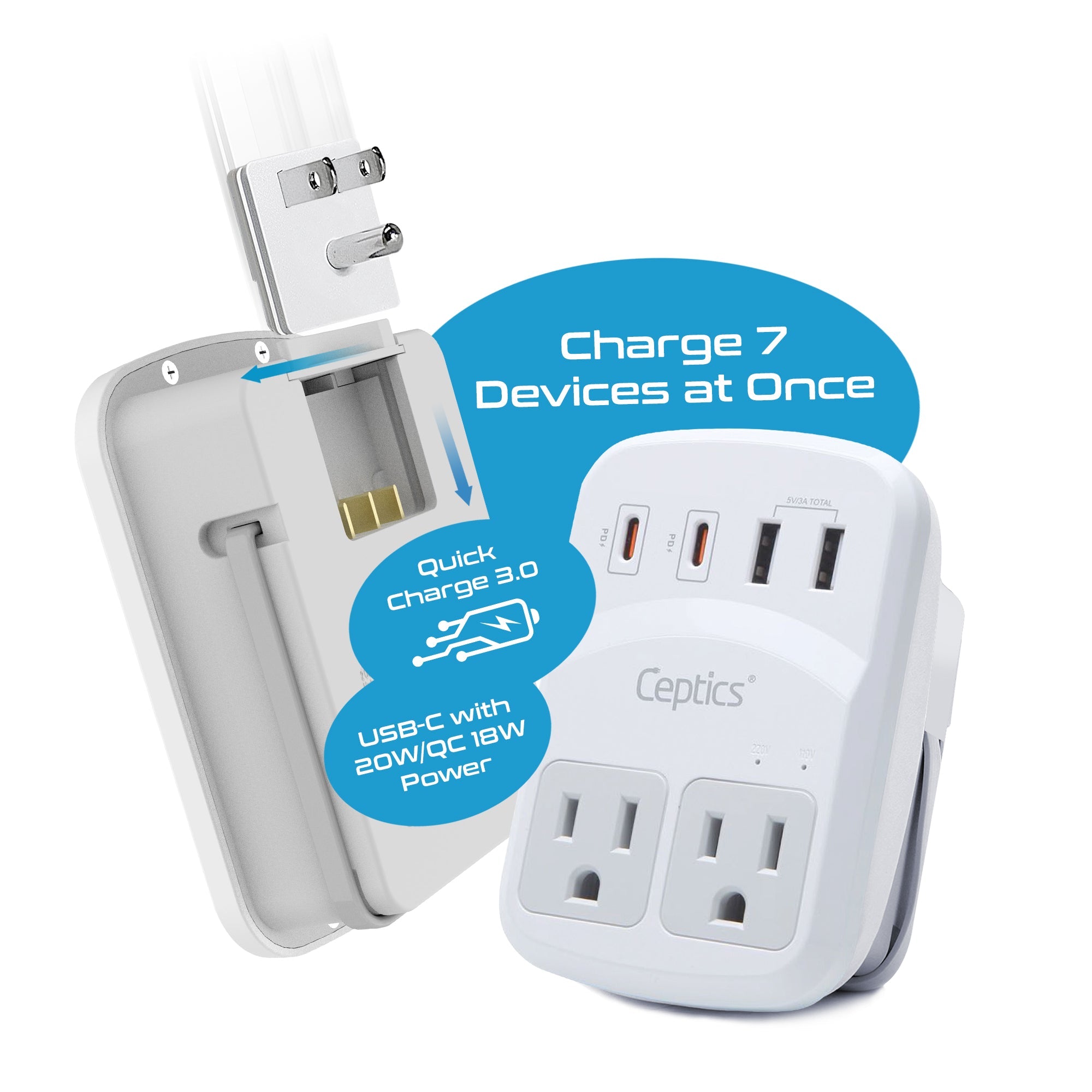 World-Way 6 Travel Adapter Kit | 2 USB-A + 2USB-C + 2 US Outlets - Grounded (WPS-5B)