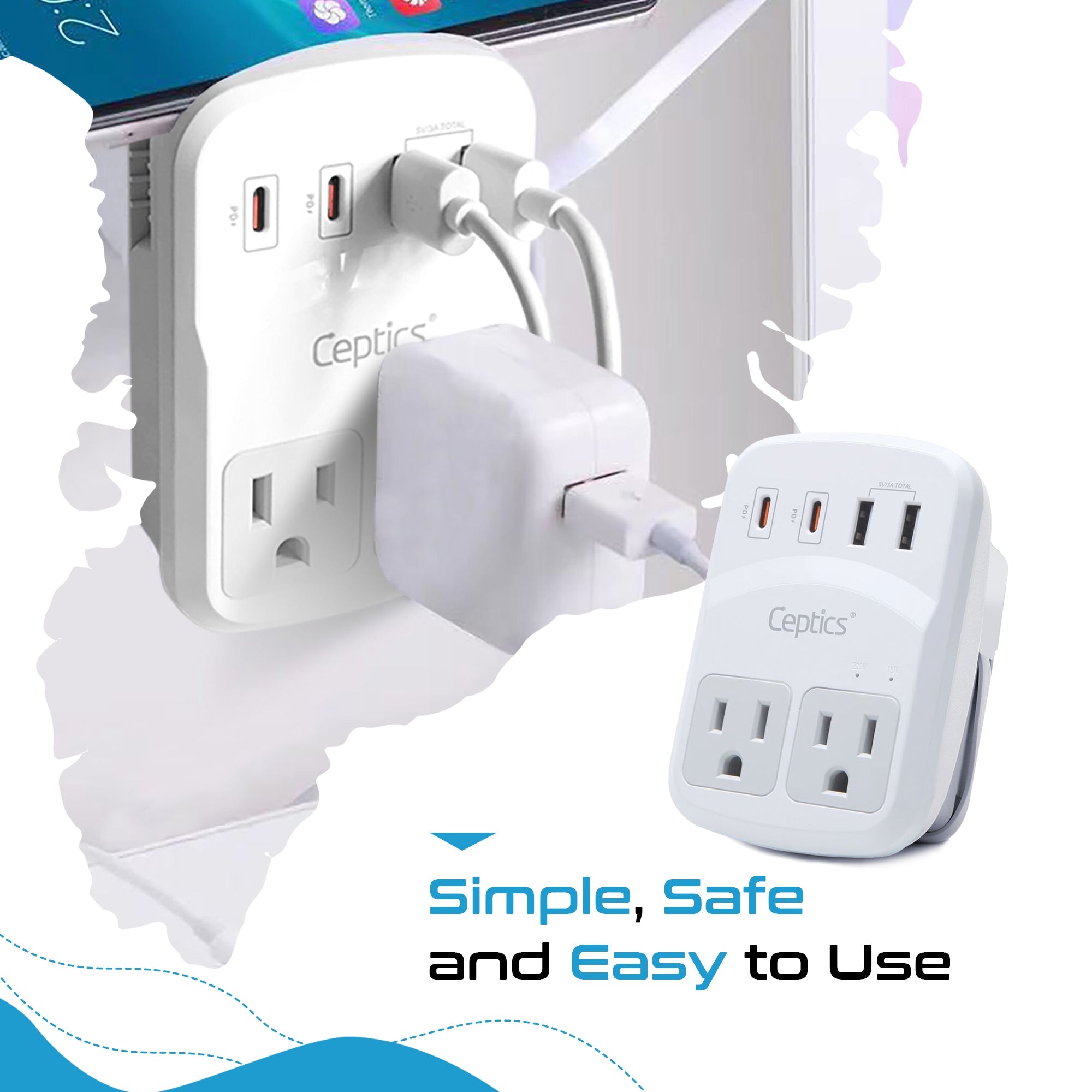 World-Way 6 Travel Adapter Kit | 2 USB-A + 2USB-C + 2 US Outlets - Grounded (WPS-5B)