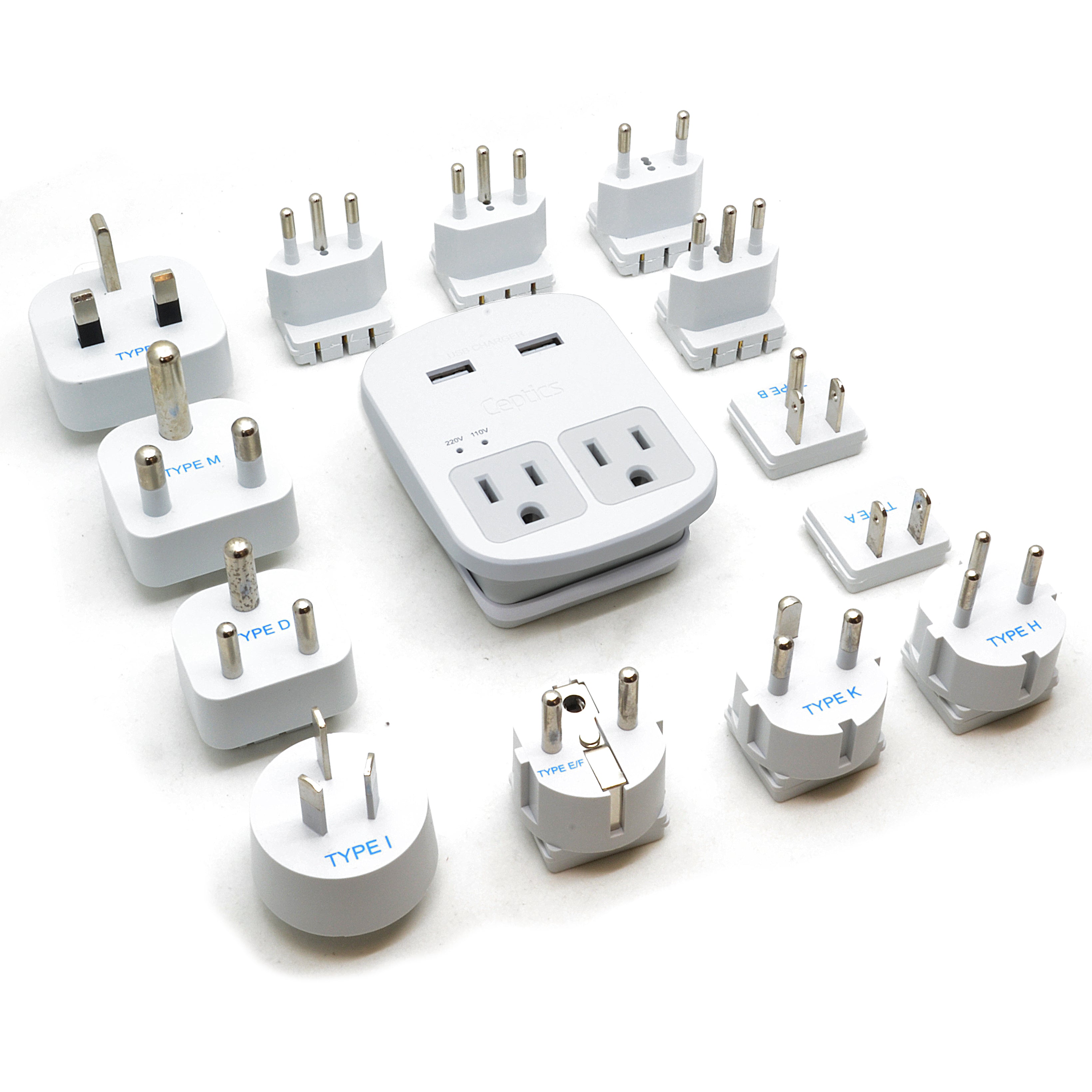 World-Way 13 Travel Adapter Kit | 2 USB + 2 US Outlets - Grounded (WPS-2B+ALL)