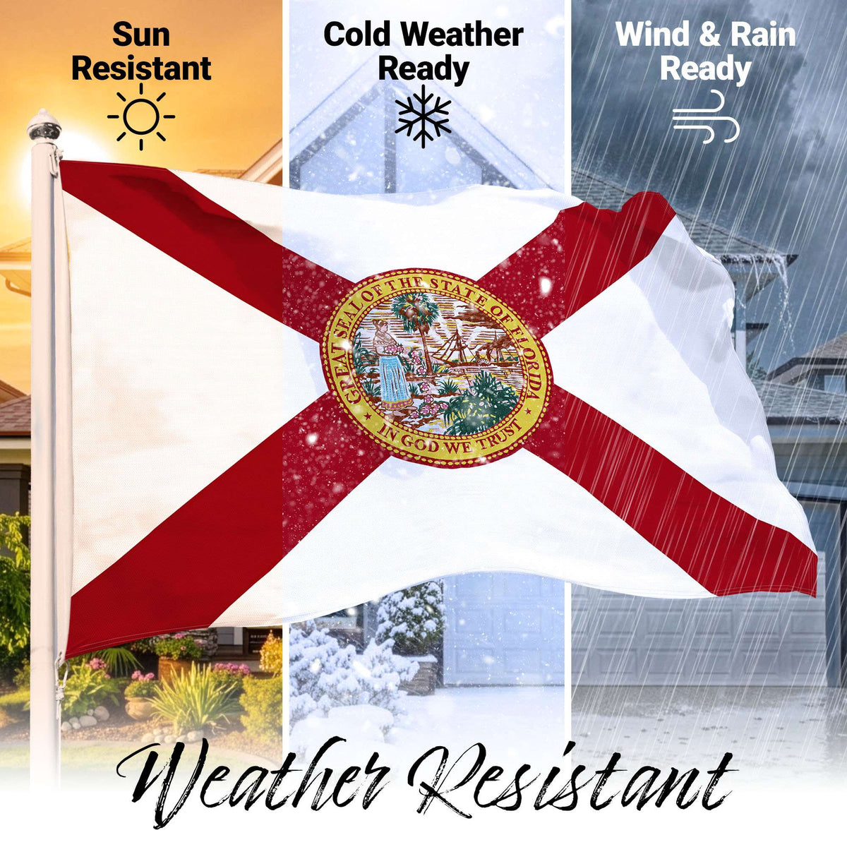 G128 Florida FL State Flag | 3x5 Ft | StormFlyer Series Embroidered 220GSM Spun Polyester | Embroidered Design, Indoor/Outdoor, Brass Grommets, Heavy Duty, All Weather