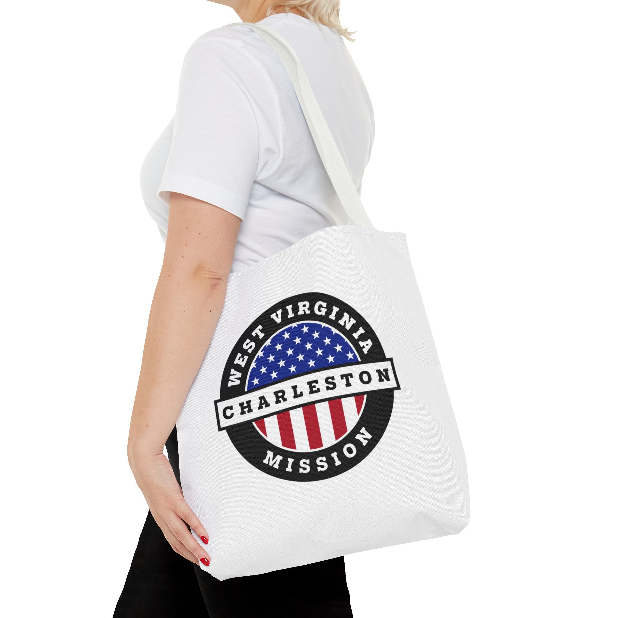 West Virginia Charleston Mission USA Flag Logo Tote Bag White - Mission Wishlist - LDS Missionary Gift Store