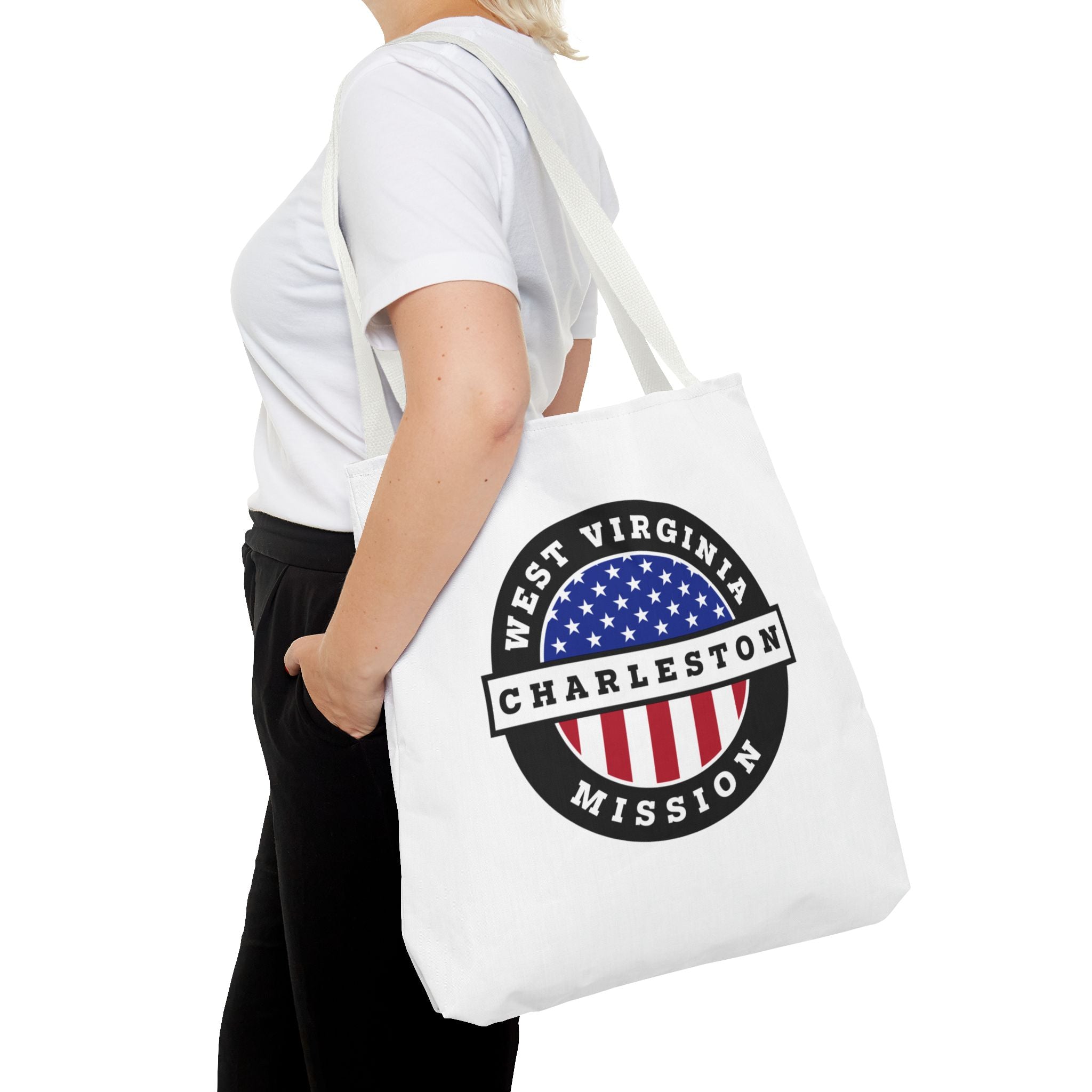 West Virginia Charleston Mission USA Flag Logo Tote Bag White - Mission Wishlist - LDS Missionary Gift Store