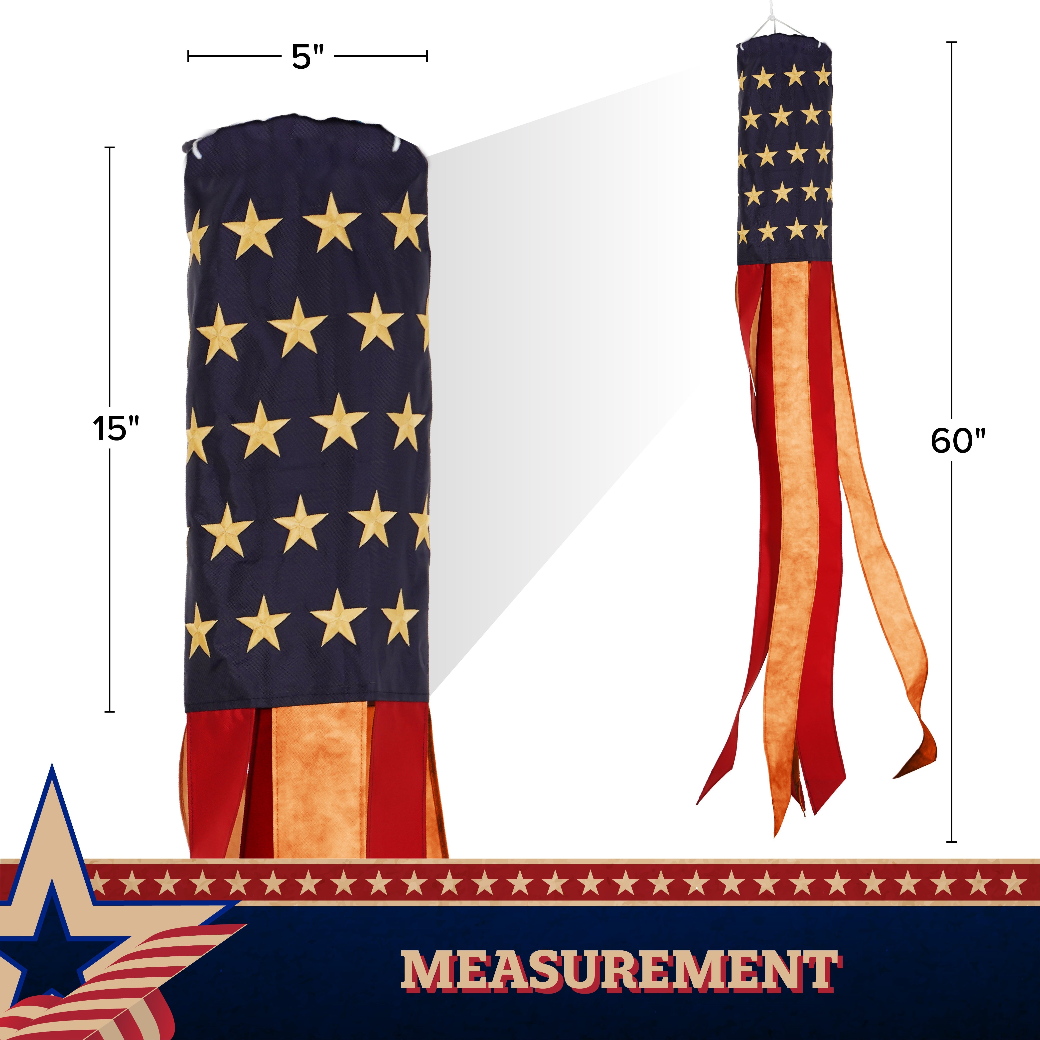G128 Windsock 60 Inch Tea-Stained US Flag Windstock 60 in Embroidered Stars and Stripes Patriotic Hanging Decoration