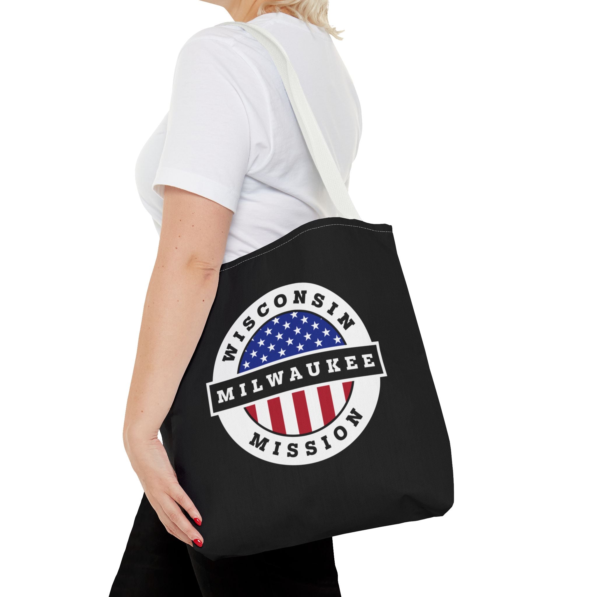 Wisconsin Milwaukee Mission USA Flag Logo Tote Bag Black - Mission Wishlist - LDS Missionary Gift Store