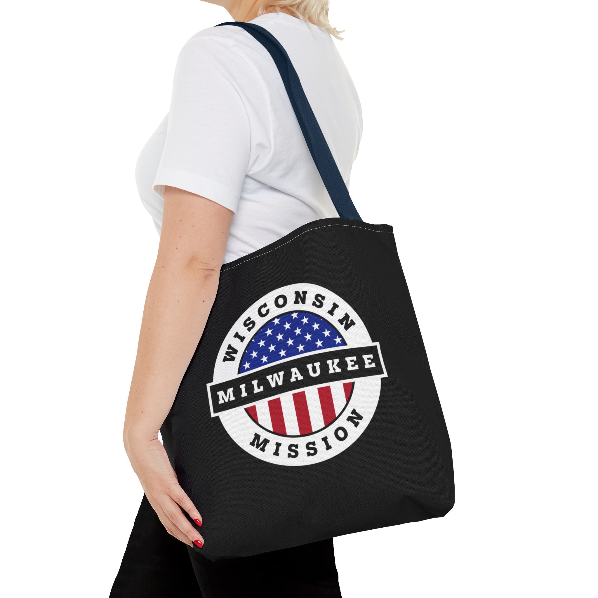 Wisconsin Milwaukee Mission USA Flag Logo Tote Bag Black - Mission Wishlist - LDS Missionary Gift Store