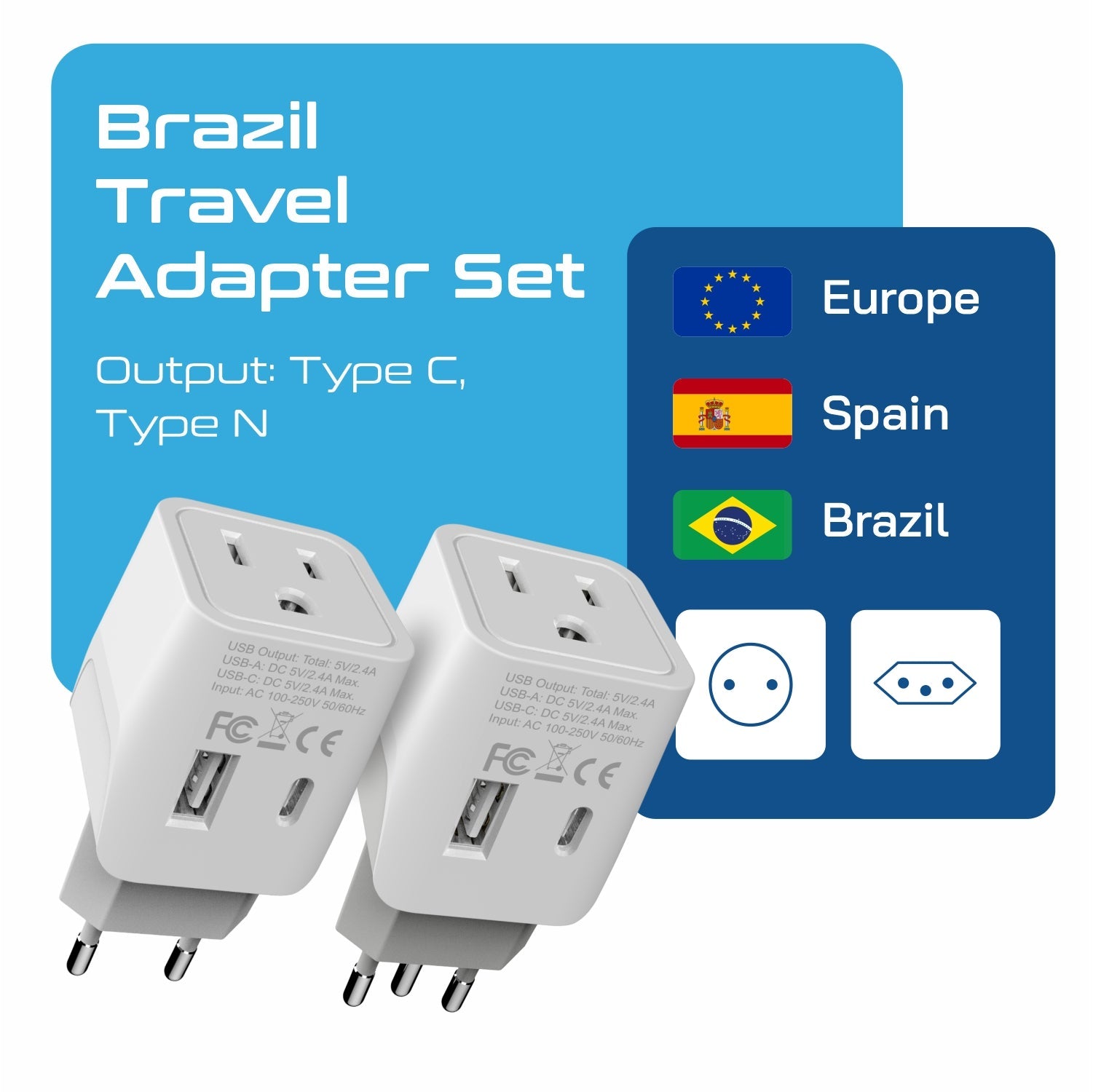 Brazil Travel Adapter Plug Combo - Type C, N | USB-A + USB-C - Brazilian Combo (CTU-9C-11C)