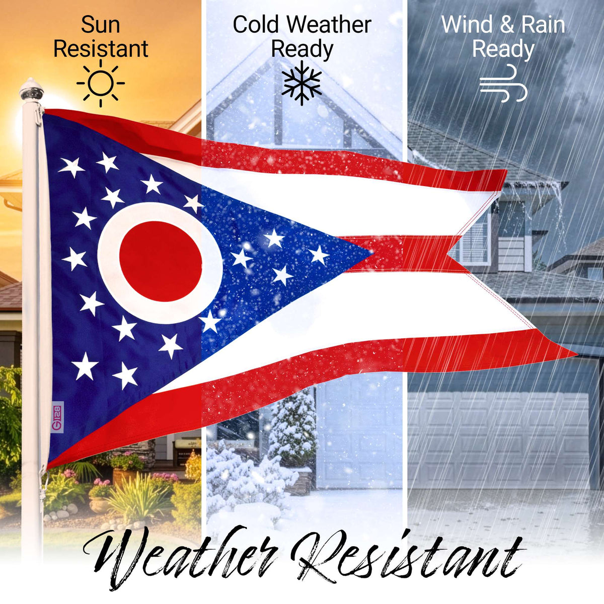 G128 Ohio OH State Flag | 4x6 Ft | StormFlyer Series Embroidered 220GSM Spun Polyester | Embroidered Design, Indoor/Outdoor, Brass Grommets, Heavy Duty, All Weather
