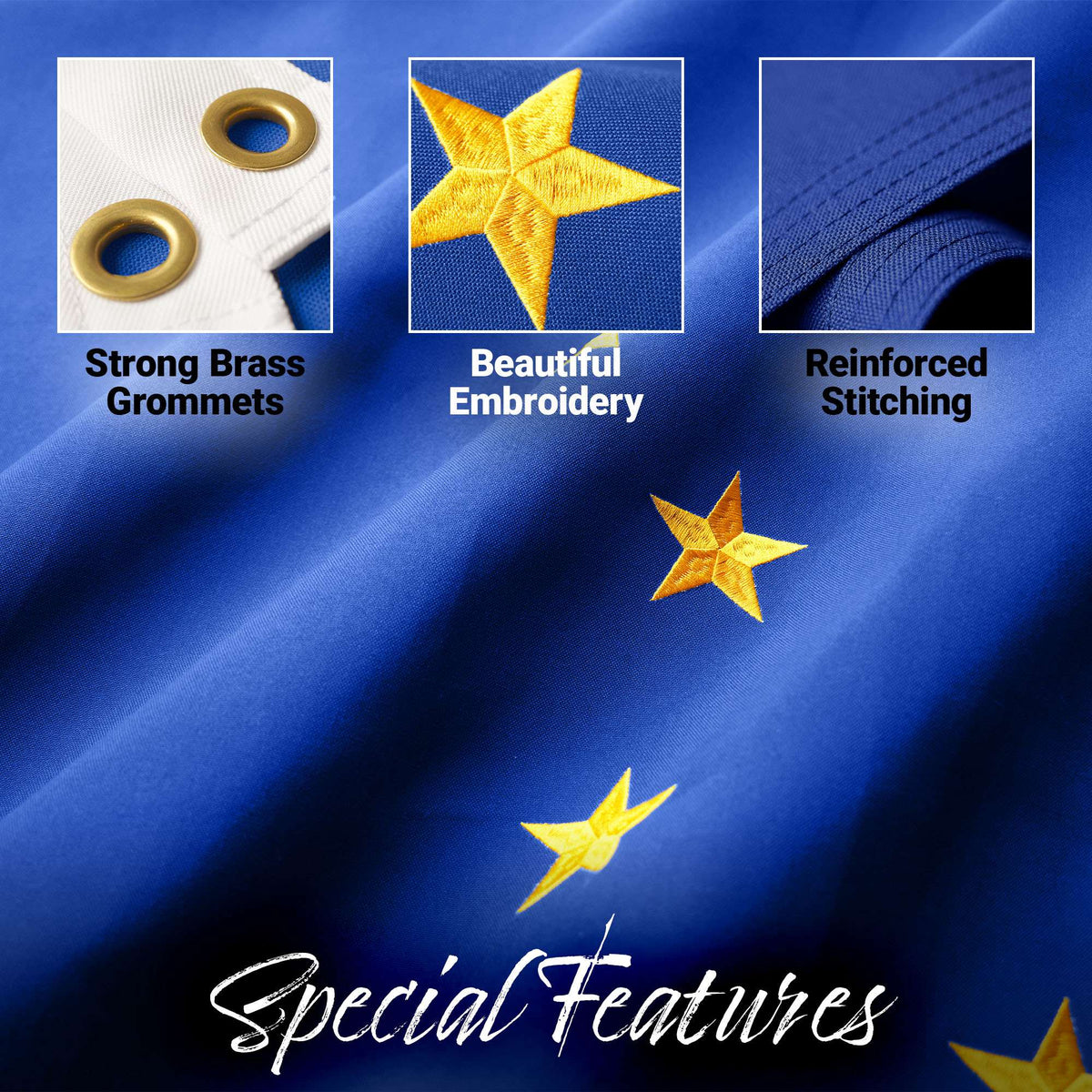 G128 Alaska State Flag | 2.5x4 Ft | StormFlyer Series Embroidered 220GSM Spun Polyester | Embroidered Design, Indoor/Outdoor, Brass Grommets, Heavy Duty, All Weather