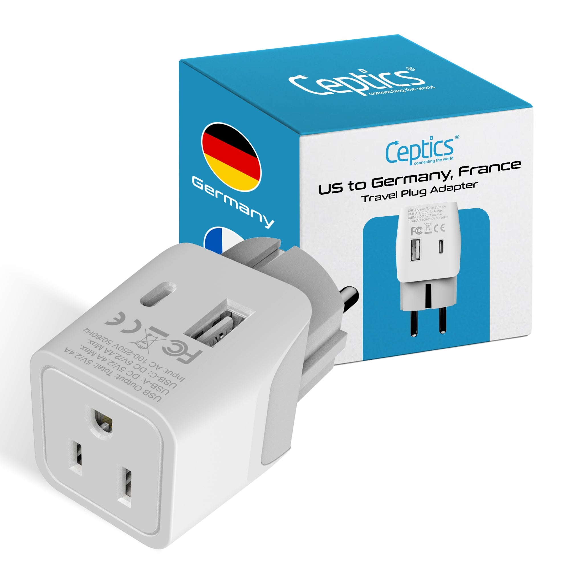 Europe (Schuko) Travel Adapter - Type E/F - USB A + USB C (CTU-9)