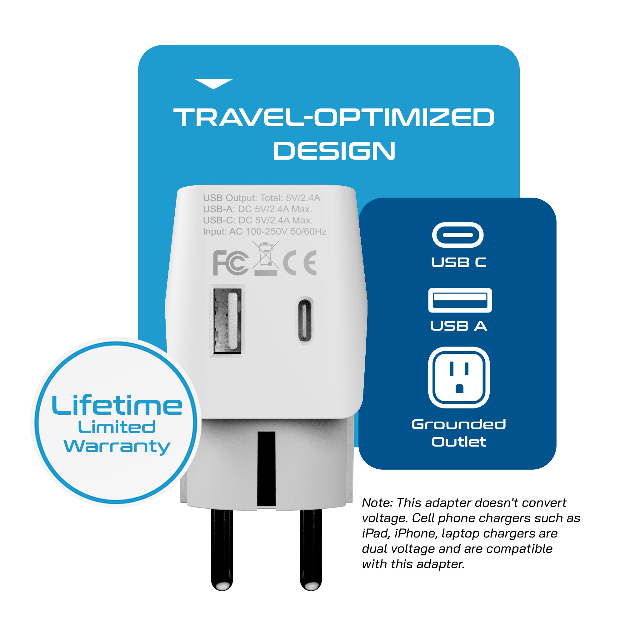Europe (Schuko) Travel Adapter - Type E/F - USB A + USB C (CTU-9)