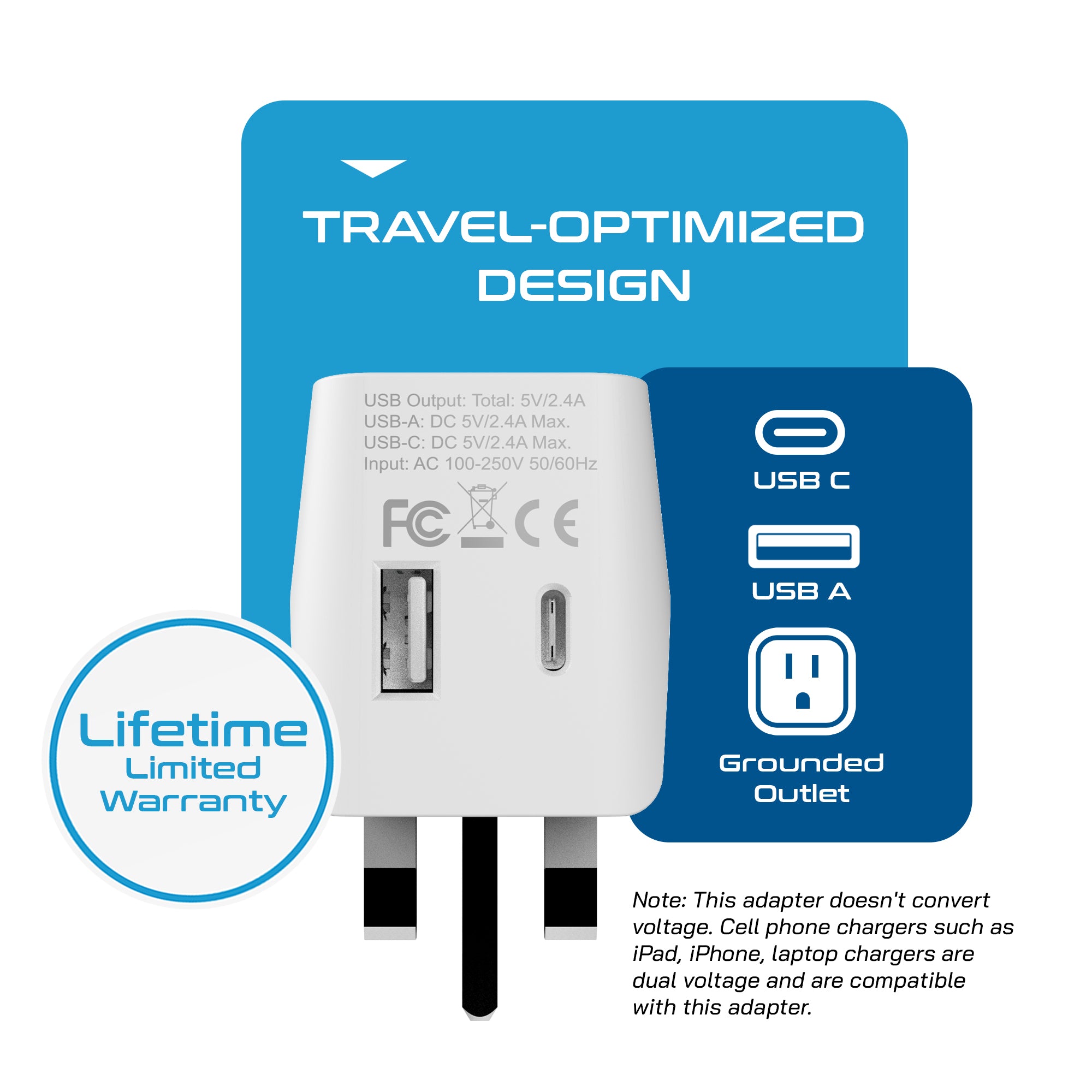 UK, England Travel Adapter - Type G - Dual USB (CTU-7)