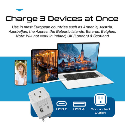 European Travel Adapter - Type C - USB A + USB C (CTU-9C)