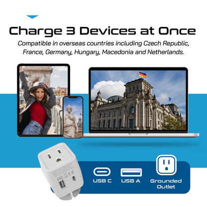 Europe (Schuko) Travel Adapter - Type E/F - USB A + USB C (CTU-9)