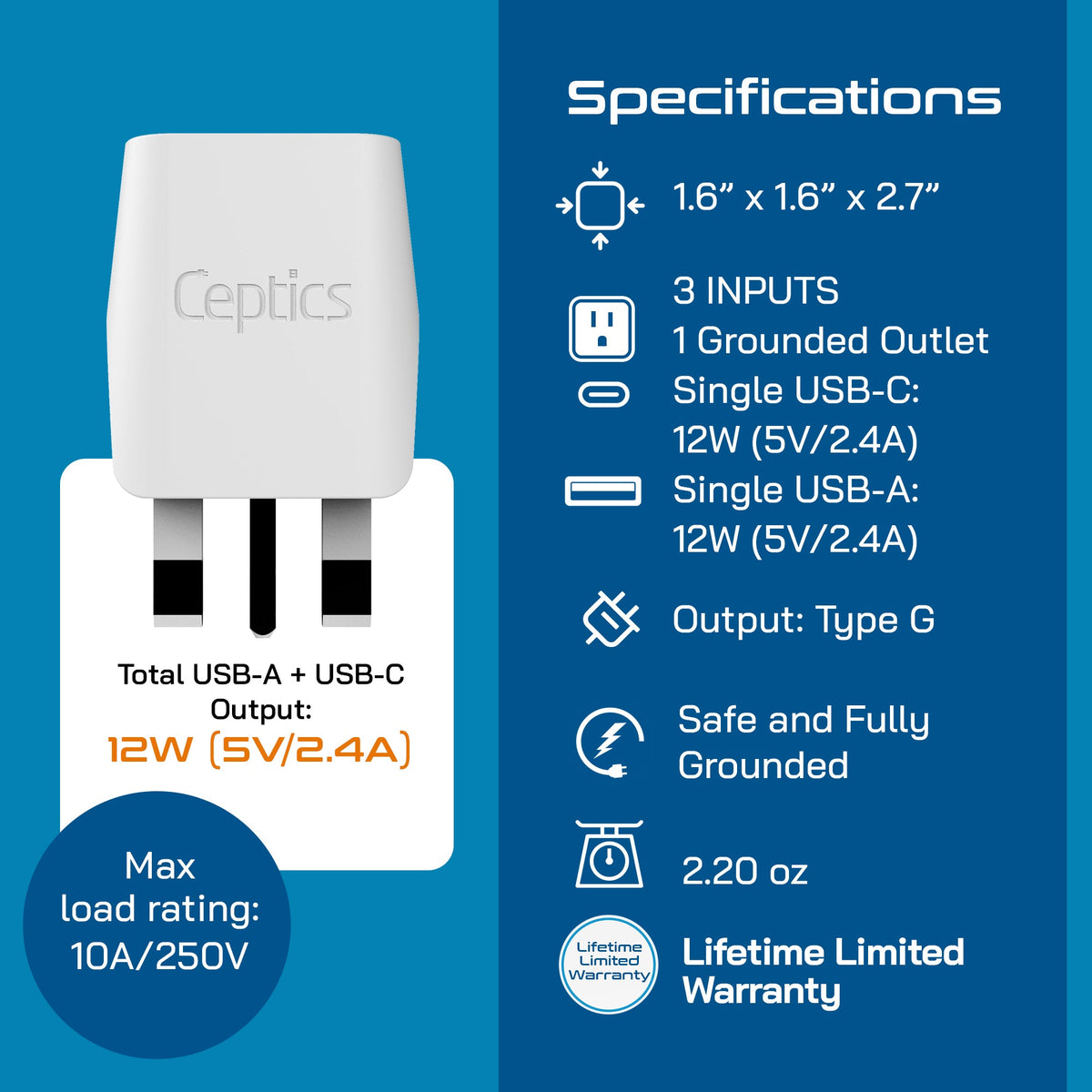 UK, England Travel Adapter - Type G - Dual USB (CTU-7)