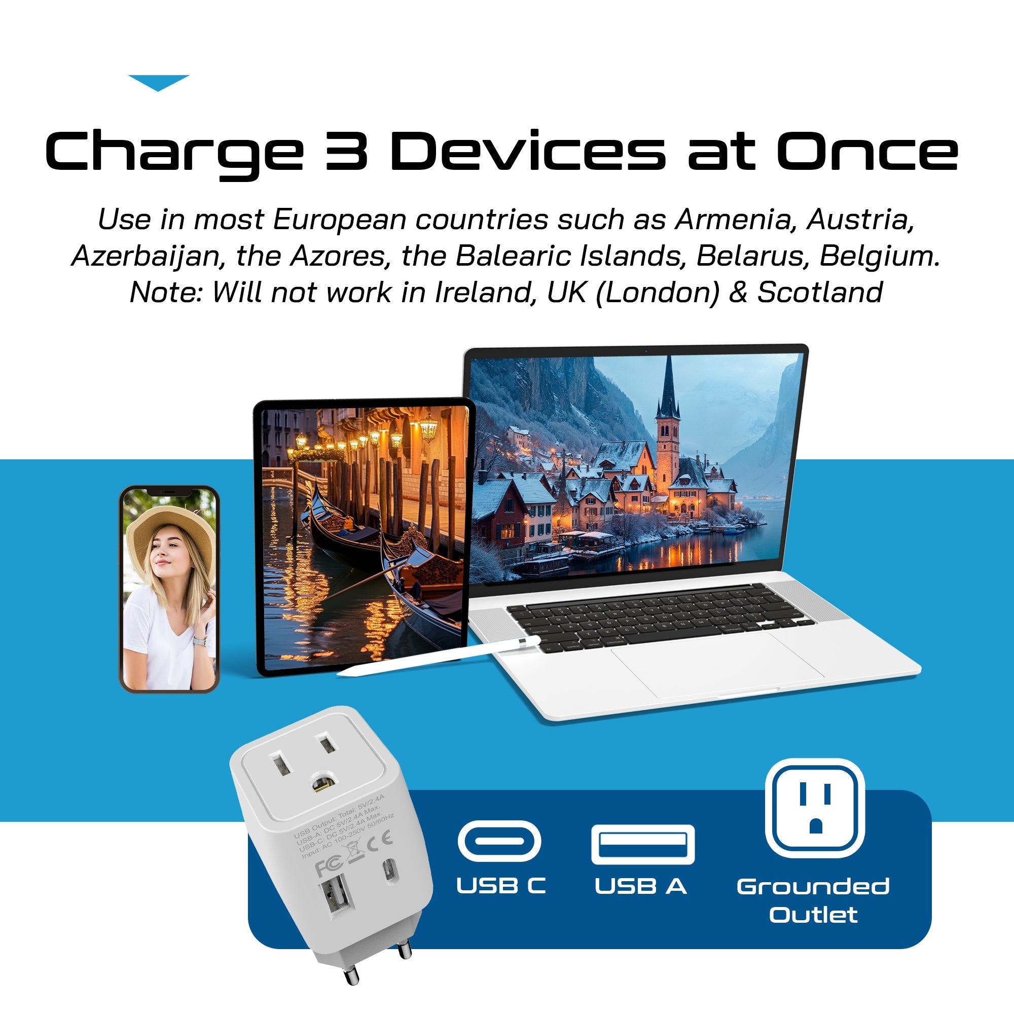 Italy Travel Adapter Plug Combo - Type C, L | USB-A + USB-C - Italian Combo (CTU-12-9C)