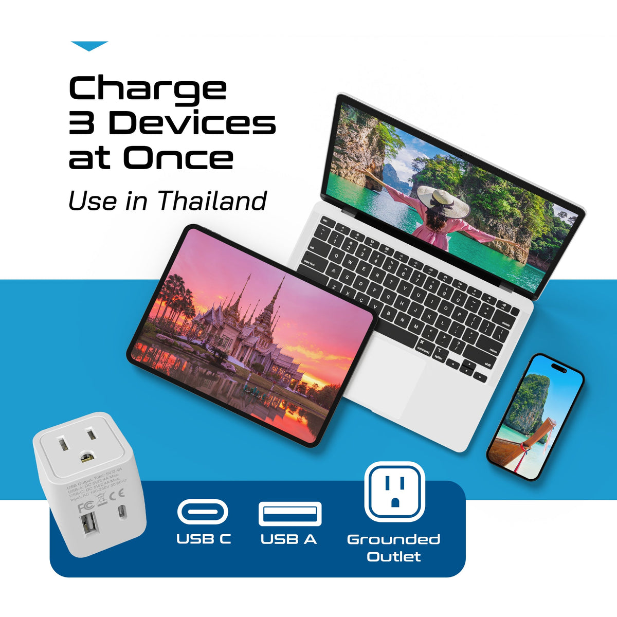 Thailand Travel Adapter - Type O - USB-A + USB-C (CTU-18)