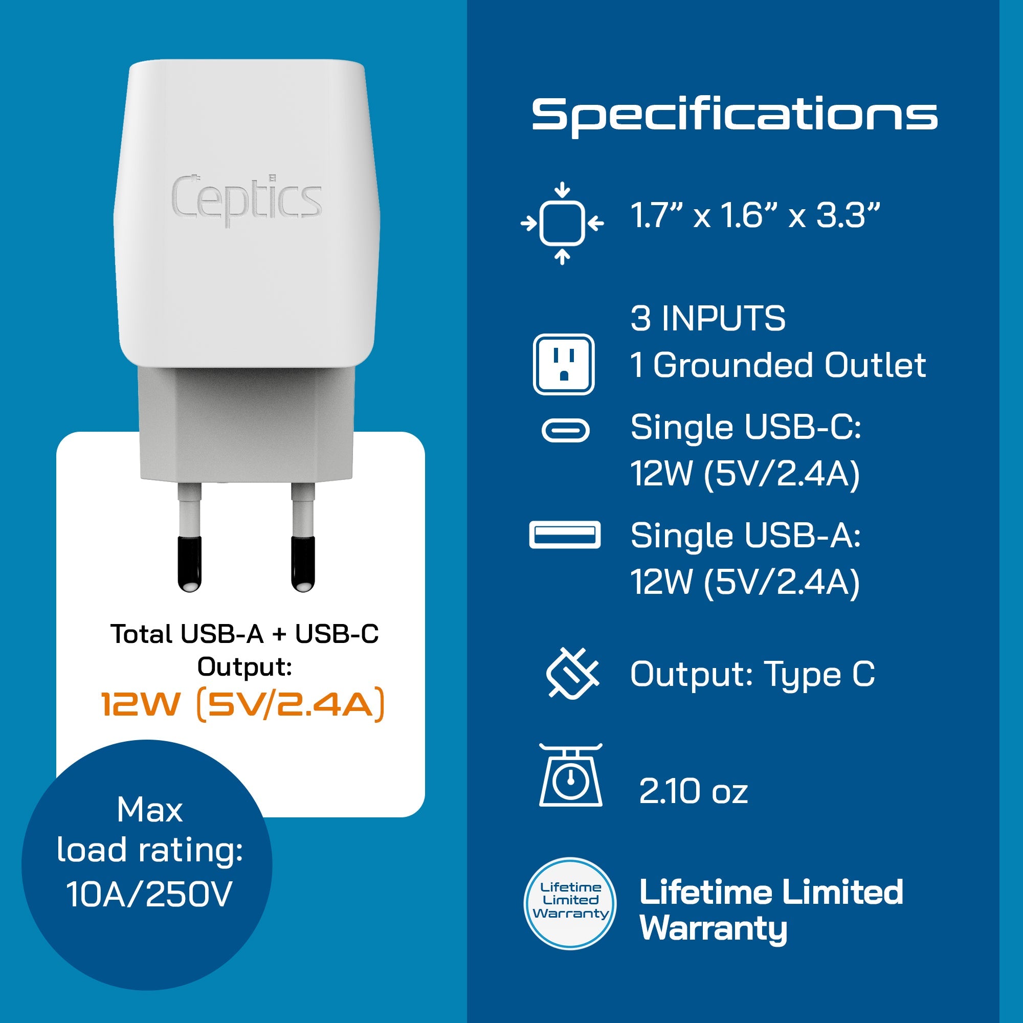 Italy Travel Adapter Plug Combo - Type C, L | USB-A + USB-C - Italian Combo (CTU-12-9C)