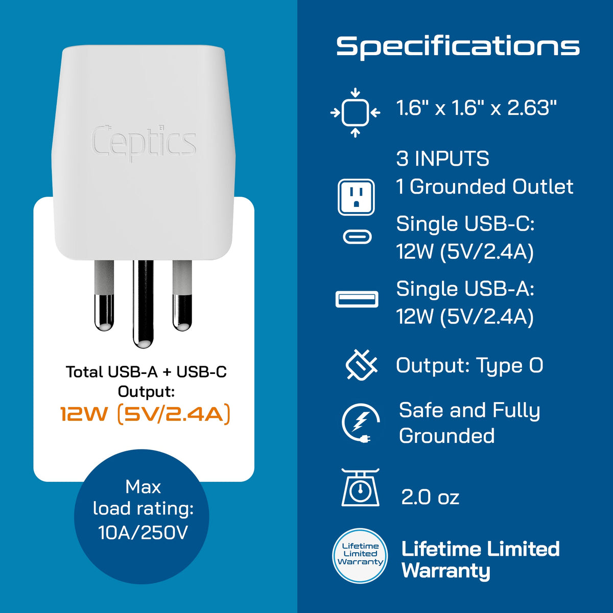 Thailand Travel Adapter - Type O - USB-A + USB-C (CTU-18)