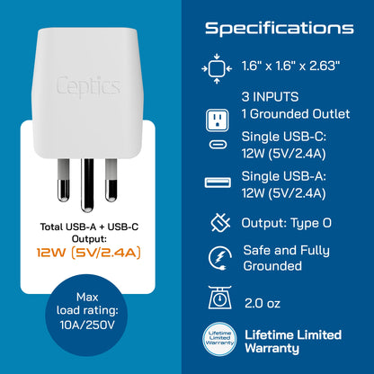 Thailand Travel Adapter - Type O - USB-A + USB-C (CTU-18)