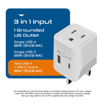 UK, England Travel Adapter - Type G - Dual USB (CTU-7)