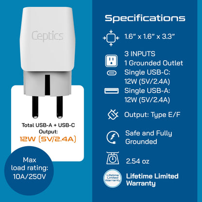 Europe (Schuko) Travel Adapter - Type E/F - USB A + USB C (CTU-9)