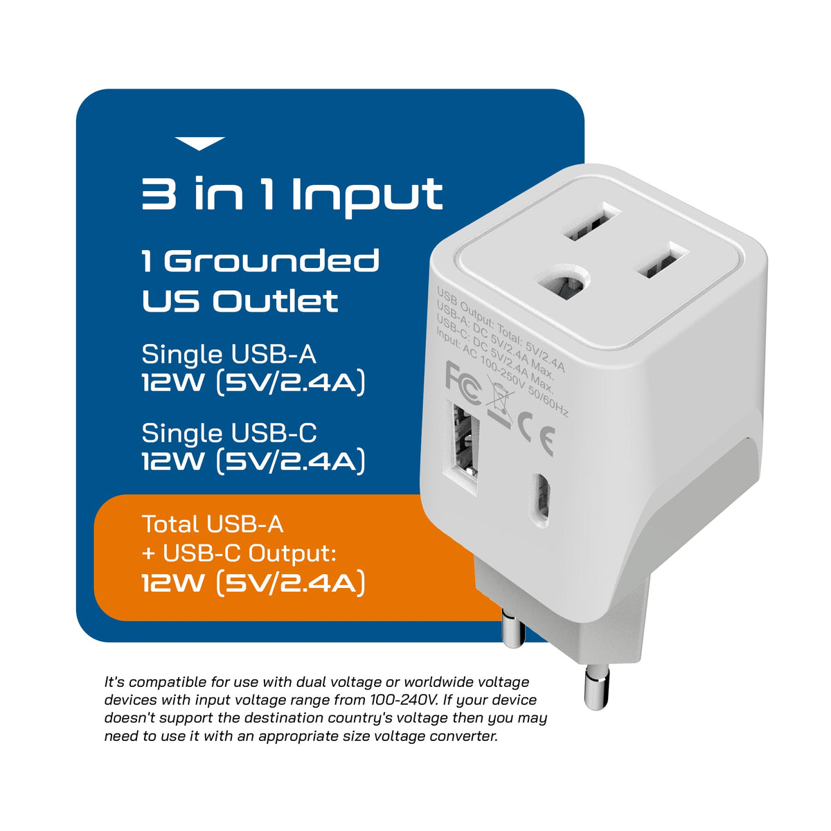European Travel Adapter Set – Type E/F, G, C - With USB-A + USB-C - 3pcs (CTU-EU-SET)