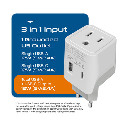 European Travel Adapter Set – Type E/F, G, C - With USB-A + USB-C - 3pcs (CTU-EU-SET)