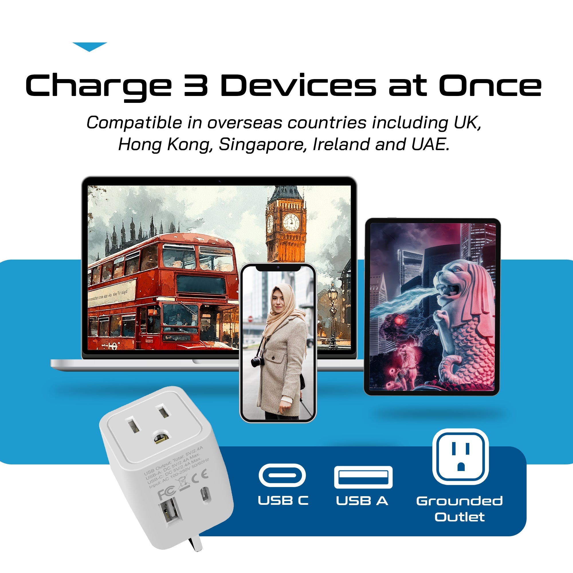 UK, England Travel Adapter - Type G - Dual USB (CTU-7)