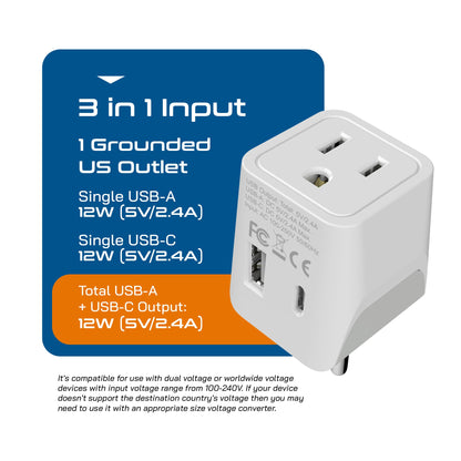 Thailand Travel Adapter - Type O - USB-A + USB-C (CTU-18)