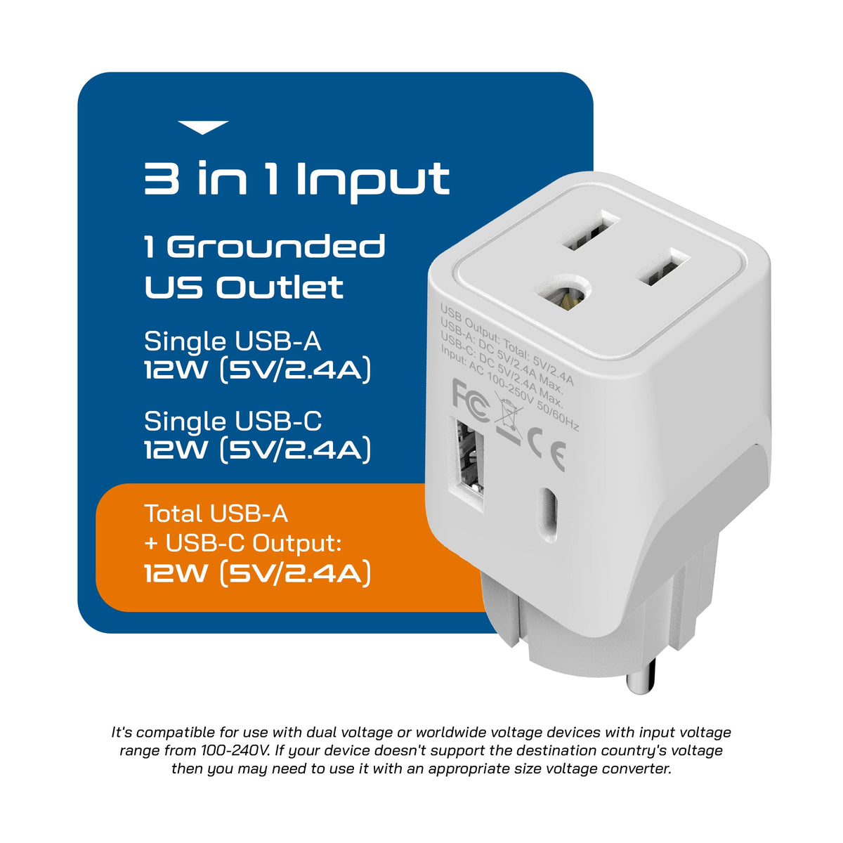 Europe (Schuko) Travel Adapter - Type E/F - USB A + USB C (CTU-9)