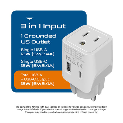 Europe (Schuko) Travel Adapter - Type E/F - USB A + USB C (CTU-9)