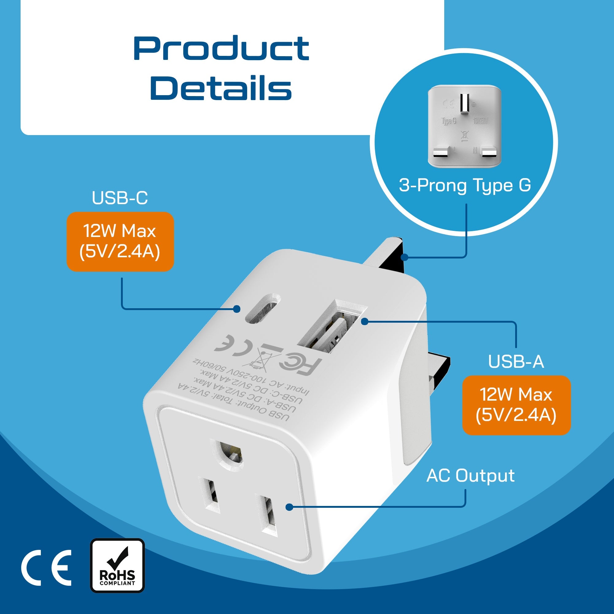 UK, England Travel Adapter - Type G - Dual USB (CTU-7)