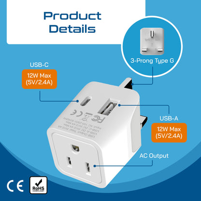 UK, England Travel Adapter - Type G - Dual USB (CTU-7)