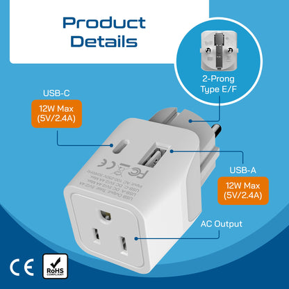 Europe (Schuko) Travel Adapter - Type E/F - USB A + USB C (CTU-9)