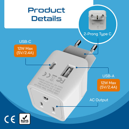 European Travel Adapter - Type C - USB A + USB C (CTU-9C)