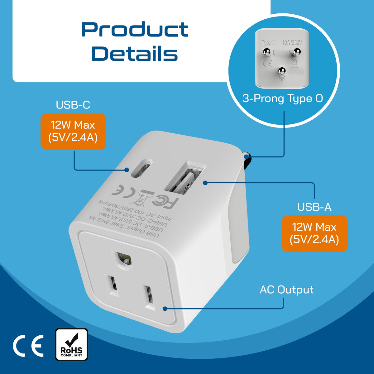 Thailand Travel Adapter - Type O - USB-A + USB-C (CTU-18)