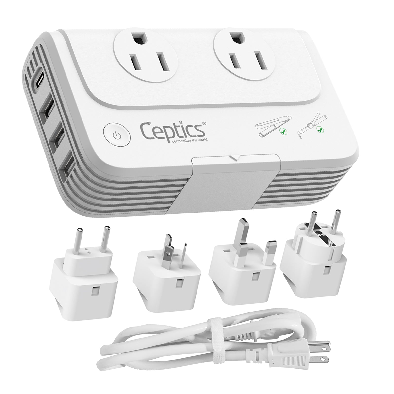 200W Step Down Converter – 2x outlets & 3 USB-A + 1 USB-C – AC 220-240V to 110V-120V Travel Voltage Converter - (PU-200X)