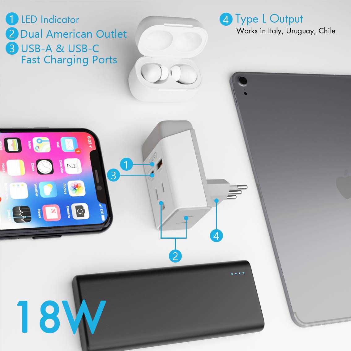 Italy, Chile Travel Adapter | Type L - USB-A & USB-C Ports + 2 USA Outlet (AP-12)