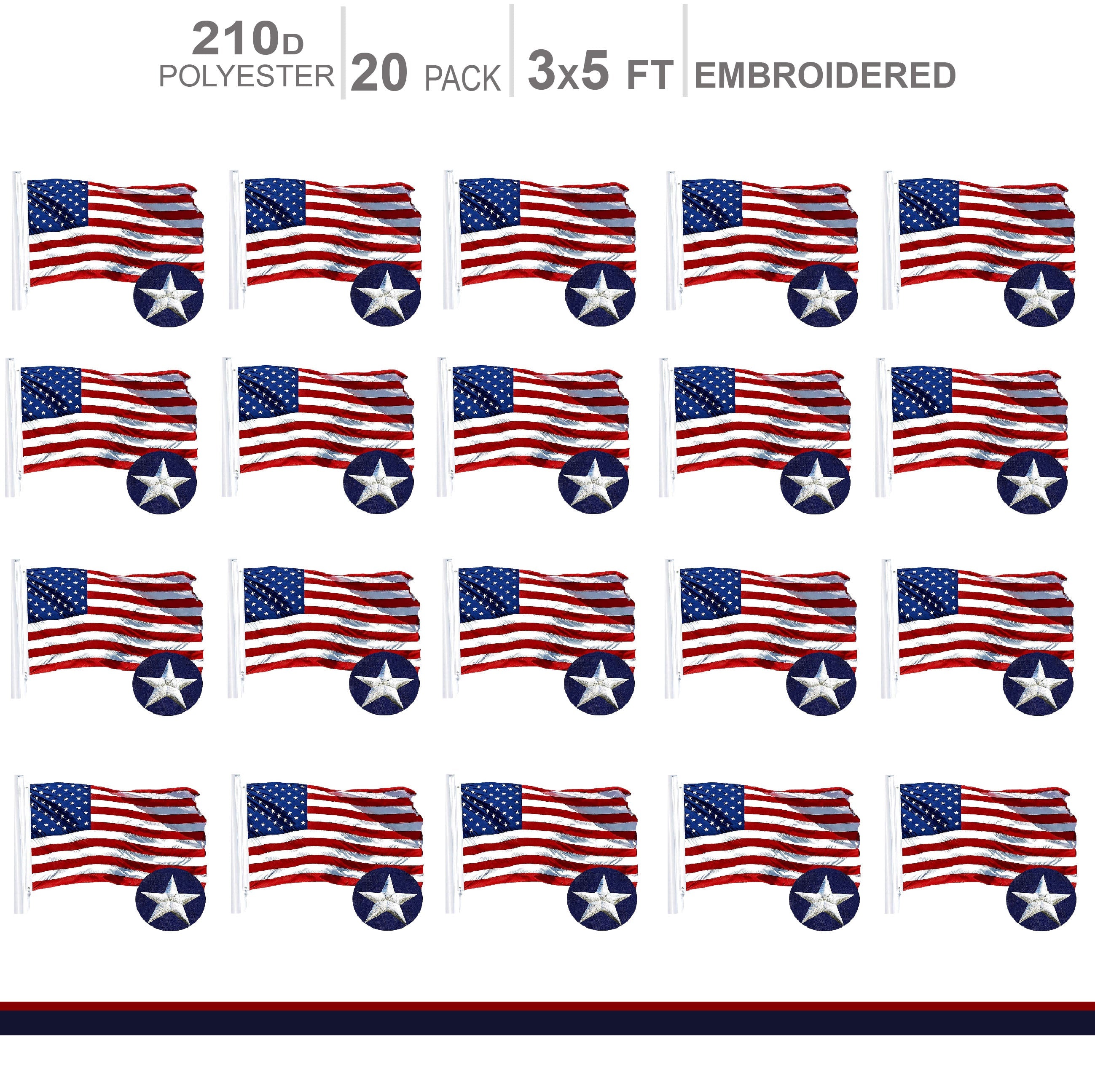 MULTI PACK: American Flag 210D Embroidered Polyester 3x5 Ft  - 20 PACK