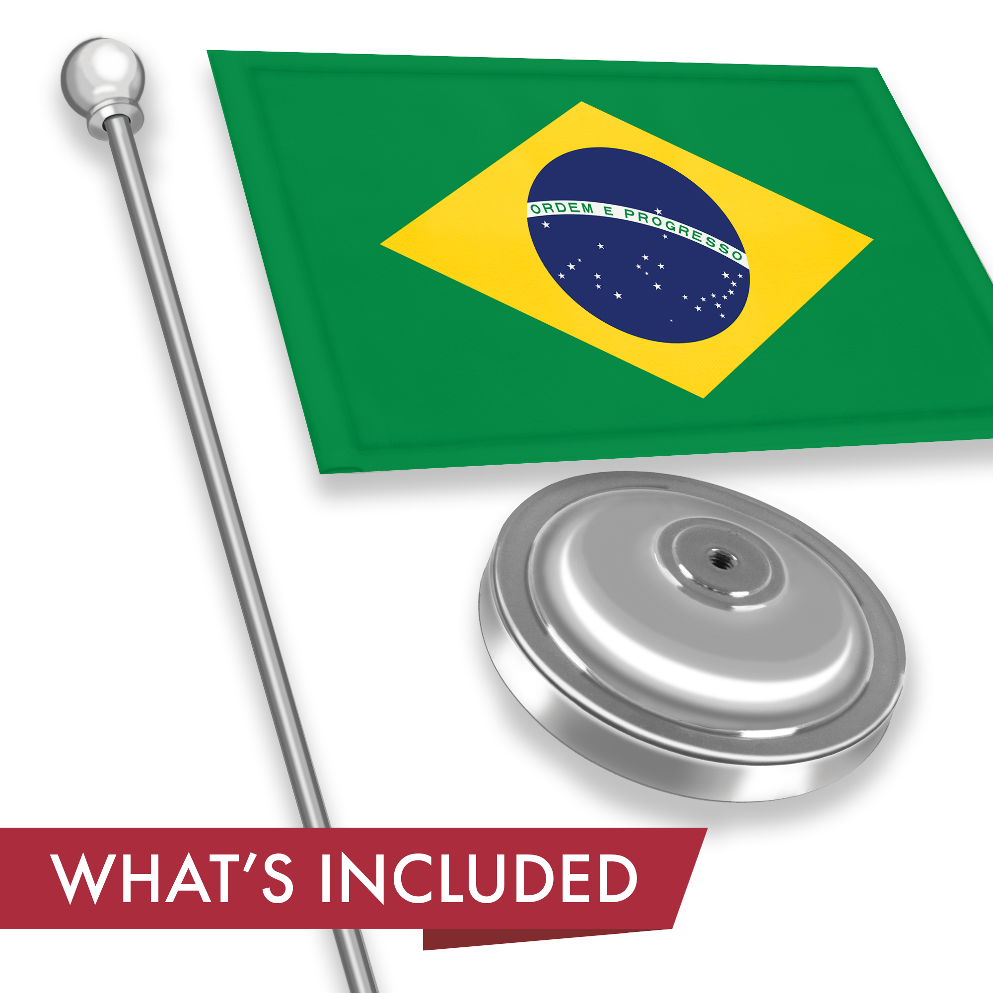 G128 Brazil Brazilian Deluxe Desk Flag Set | 8.5x5.5 In | Printed 300D Polyester, with Silver Dome and Base, 15" Metal Pole, Decorations For Office, Home and Festival Events Celebration