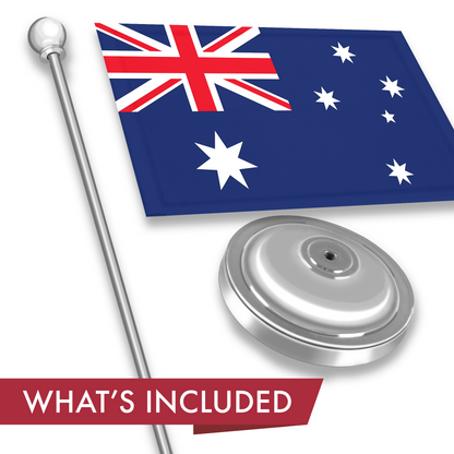 G128 Australia Australian Deluxe Desk Flag Set | 8.5x5.5 In | Printed 300D Polyester, with Silver Dome and Base, 15" Metal Pole, Decorations For Office, Home and Festival Events Celebration