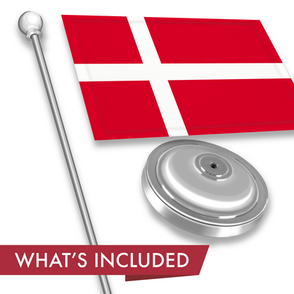 G128 Denmark Danish Deluxe Desk Flag Set | 8.5x5.5 In | Printed 300D Polyester, with Silver Dome and Base, 15" Metal Pole, Decorations For Office, Home and Festival Events Celebration