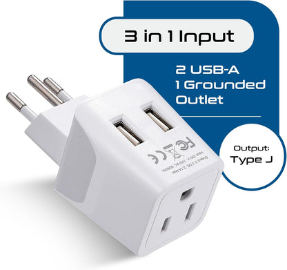 Switzerland Travel Adapter Plug Combo - Type J, C | Dual USB – Swiss Combo (CTU-9C-11A)