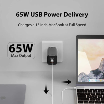 65W USB-C Ultra Compact Charger - Small USB + Dual USB-C - 3 Ports - Fast QC & PD(NAN-65)