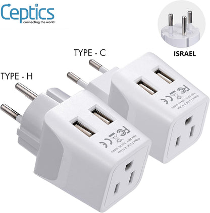Israel, Palestine Adapter Plug Combo- Type H, C | Dual USB - Israeli Combo (CTU-9C-14)